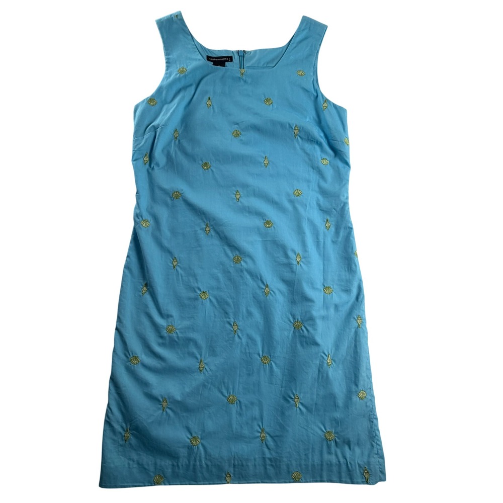 Statements Womens 10 Turquoise Seashell Embroidered Cotton Shift Dress Coastal